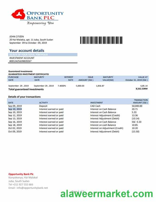 South Sudan Opportunity Bank statement template in Word and PDF format